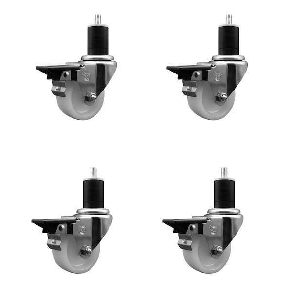 3'' Nylon Swivel 1-3/4'' Expanding Stem Caster Set with Brake, 4PK